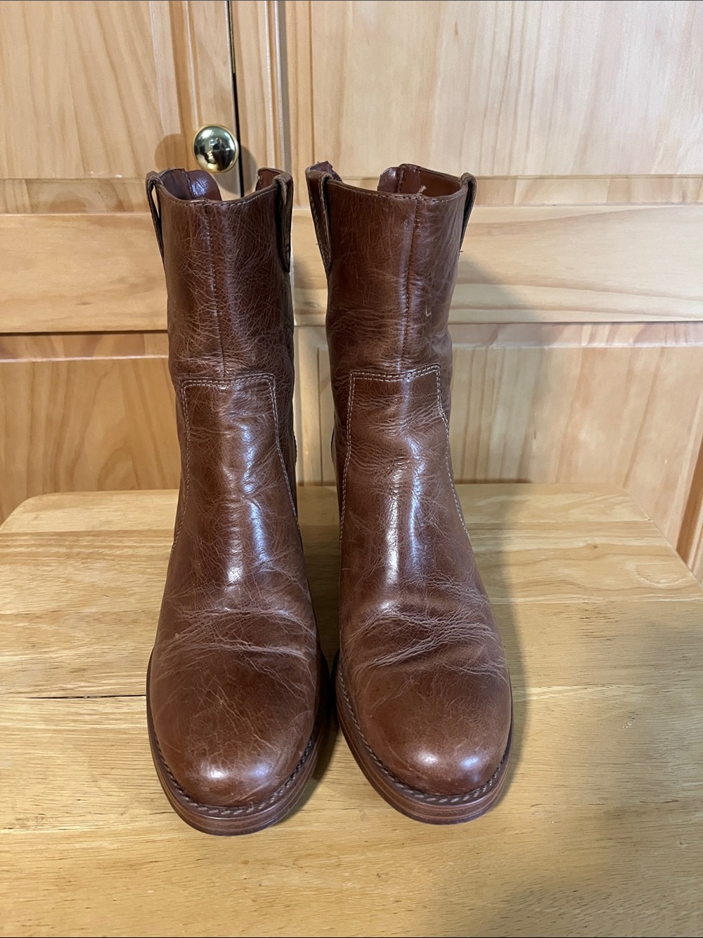 Vince Camuto Distressed Chestnut Brown Leather Mid-Calf Heeled Boots